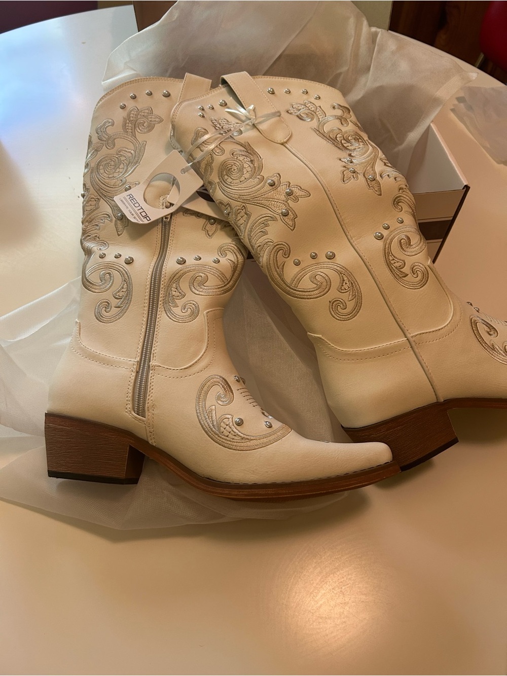 Embroidered Cream Mid-Calf Heeled Boots with Stud Detail